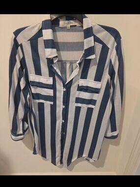 Eden & Olivia Navy and White Vertical Stripe Shirt